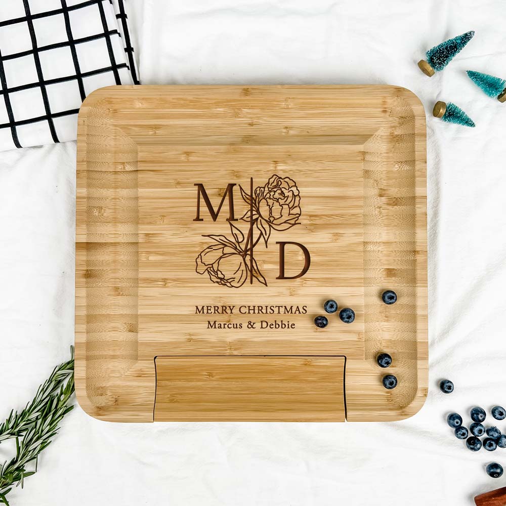 Custom Engraved Cheese Board Set - Peony Monogram