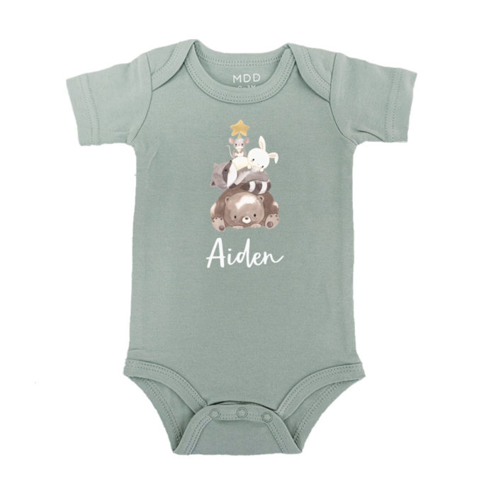 Custom name Christmas Gift Personalized Baby bodysuit Merry Animals Trees Design