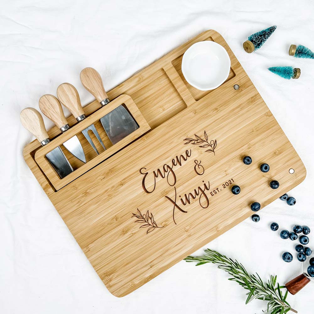 Engraved Wooden Rectangular Cheese Board - Custom Couple Names Olive Wreath