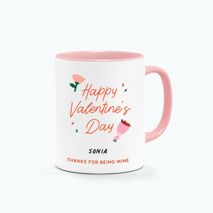 Custom Name Custom Subtext Valentine's Day Gift Printed Mug Pink Handle - Happy Valentine's Design