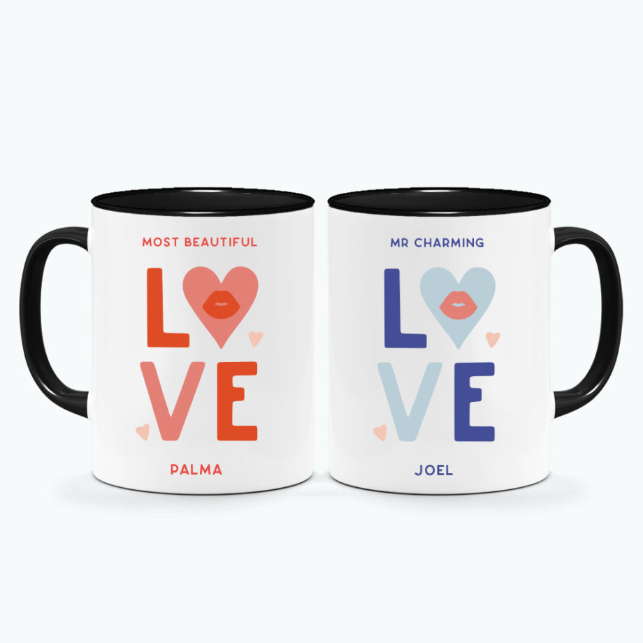 Custom Name Custom Subtext Valentine's Day Gift Printed Couple Mugs Black Handle L-O-V-E Design