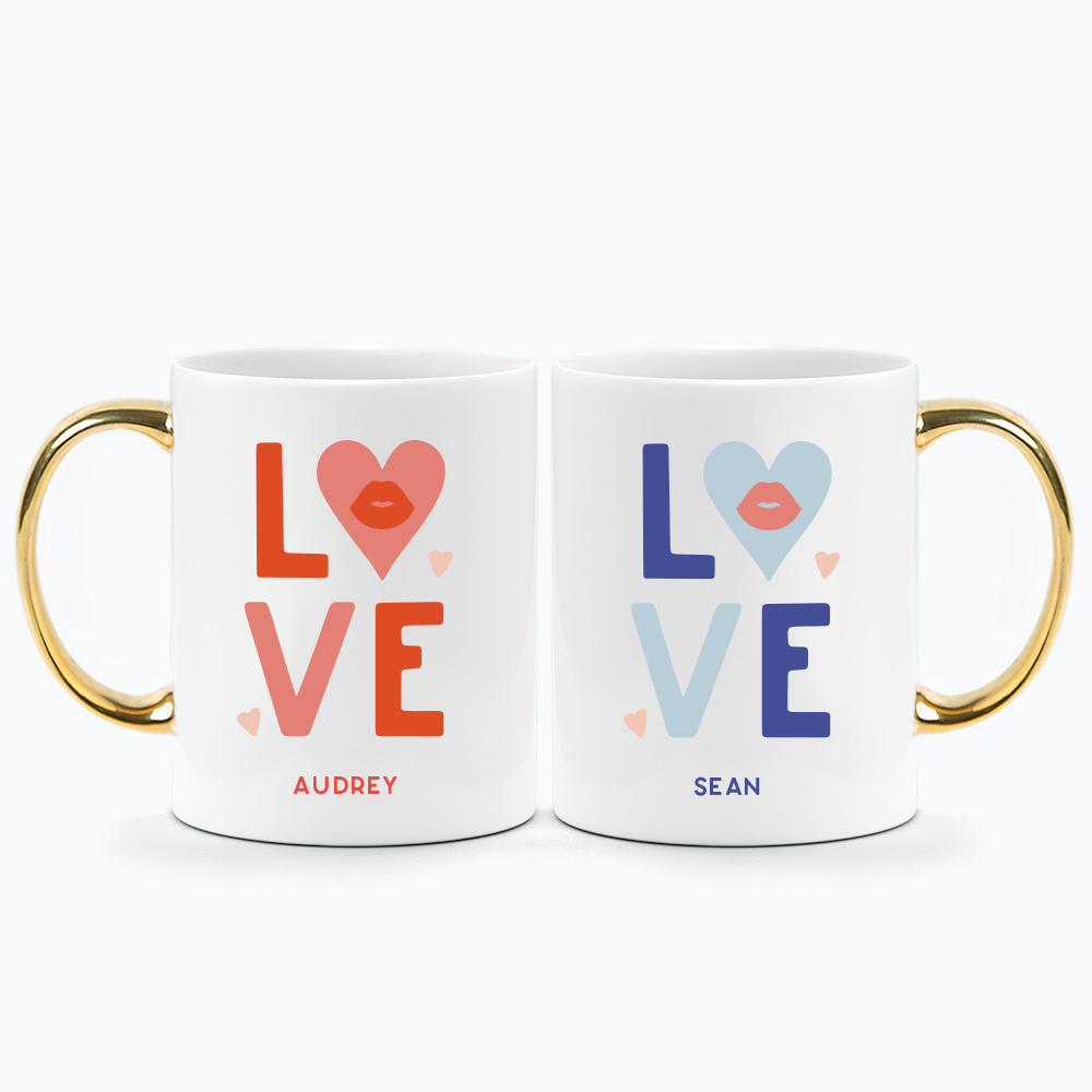 Custom Name Custom Subtext Valentine's Day Gift Printed Couple Mugs Gold Handle L-O-V-E Design