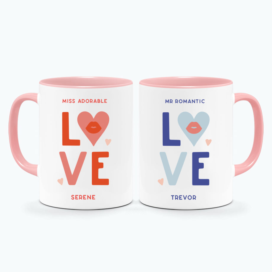Custom Name Custom Subtext Valentine's Day Gift Printed Couple Mugs Pink Handle L-O-V-E Design