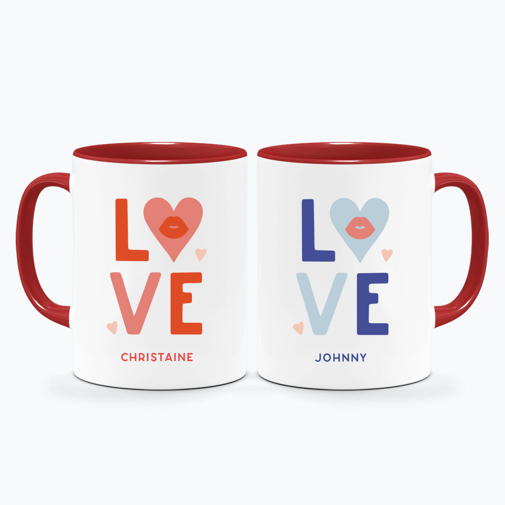 Custom Name Custom Subtext Valentine's Day Gift Printed Couple Mugs Red Handle L-O-V-E Design