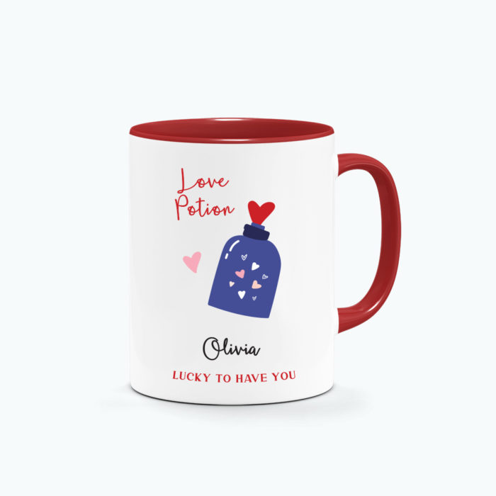 Custom Name Custom Subtext Valentine's Day Gift Printed Mug Red Handle - Love Potion Design