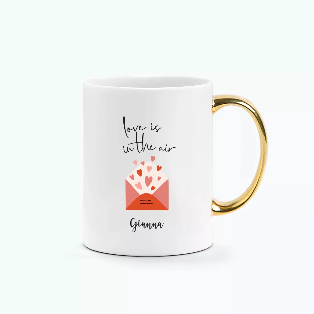 Custom Name Custom Subtext Valentine's Day Gift Printed Mug Gold Handle - Love in the air Design