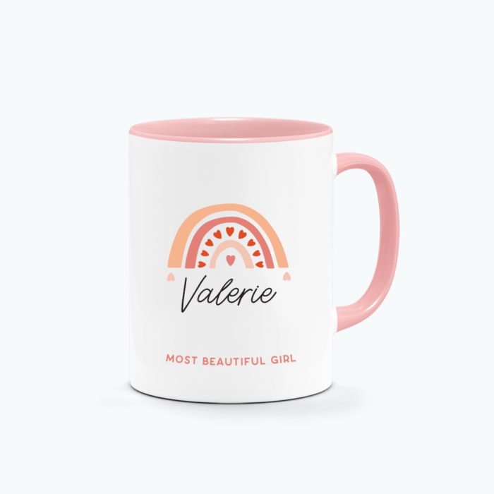 Custom Name Custom Subtext Valentine's Day Gift Printed Mug Pink Handle - Rainbow Heart Design