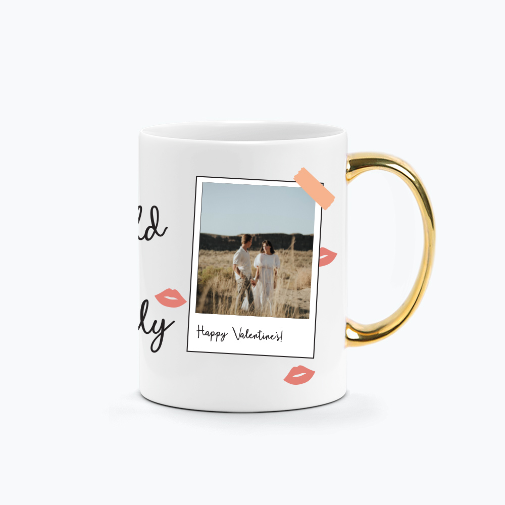 Custom Name Custom Subtext Valentine's Day Gift Printed Mug Gold Handle -Romantic 2 Frames Design