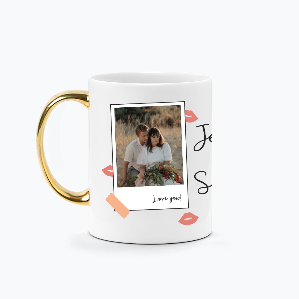 Custom Name Custom Subtext Valentine's Day Gift Printed Mug Gold Handle -Romantic 2 Frames Design