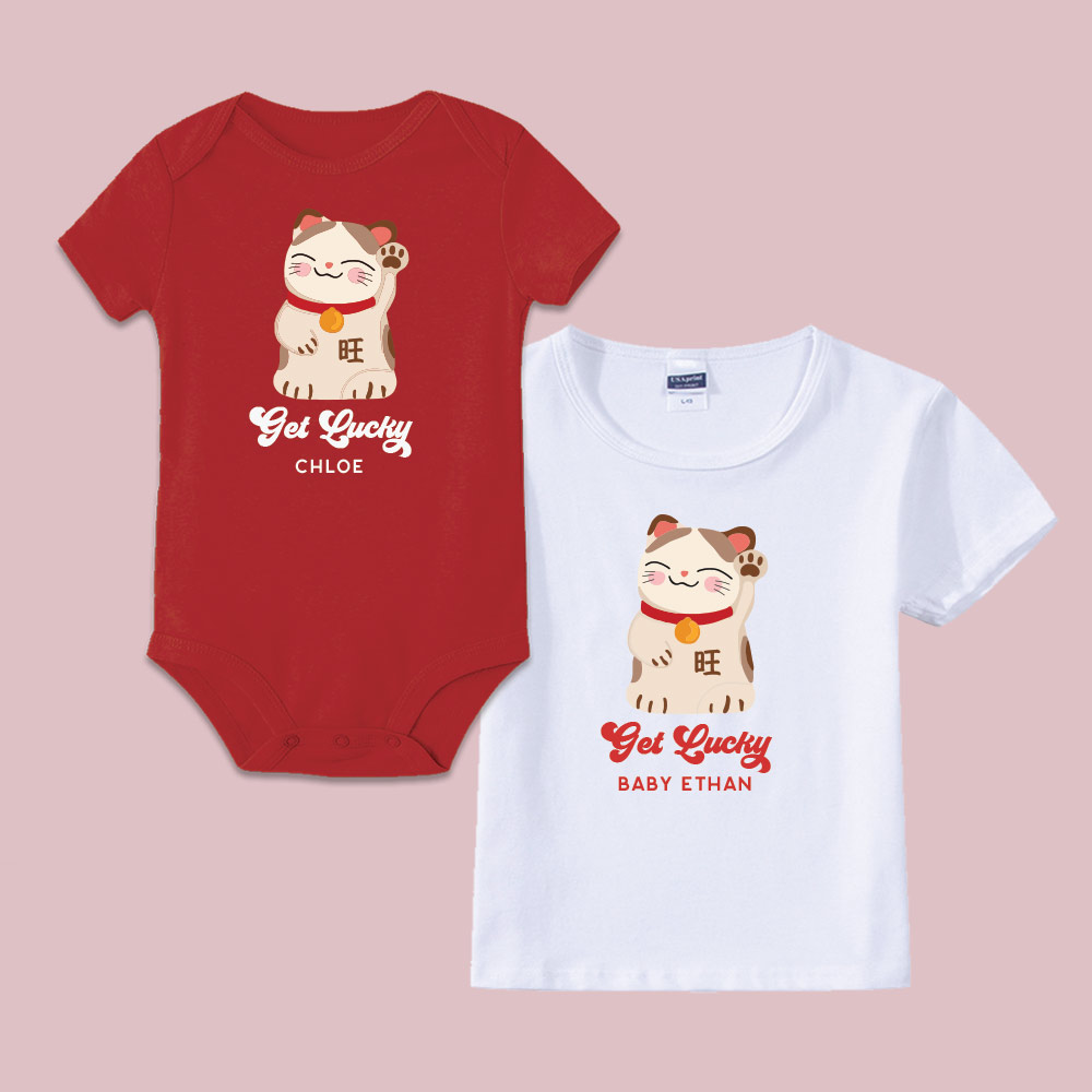 'CNY Collection Baby Onesie/ T-shirt - [Custom Name] Get Lucky Cat Design