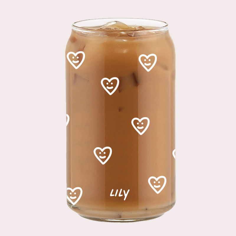 [Custom Name] Heart Faces Coffee Can Glass Cold Beverage Glass