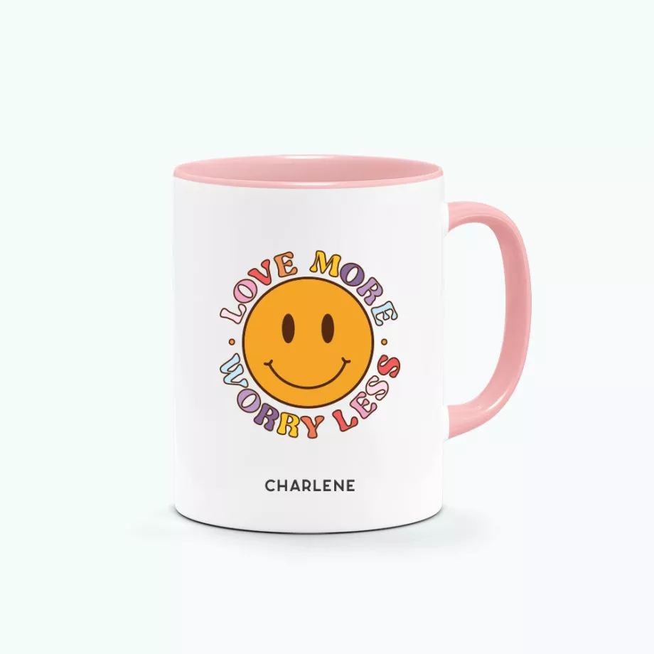 ' [Custom Name] LOVE MORE WORRY LESS Retro Typography Smiley Graphics Printed Mug