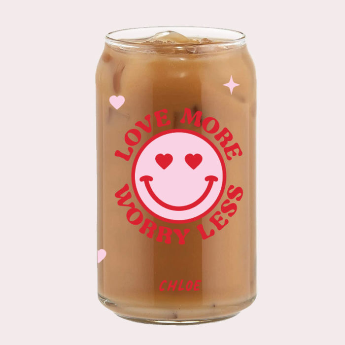 [Custom Name] LOVE MORE WORRY LESS Smiley Hearts Graphics Coffee Can Glass Cold Beverage Glass