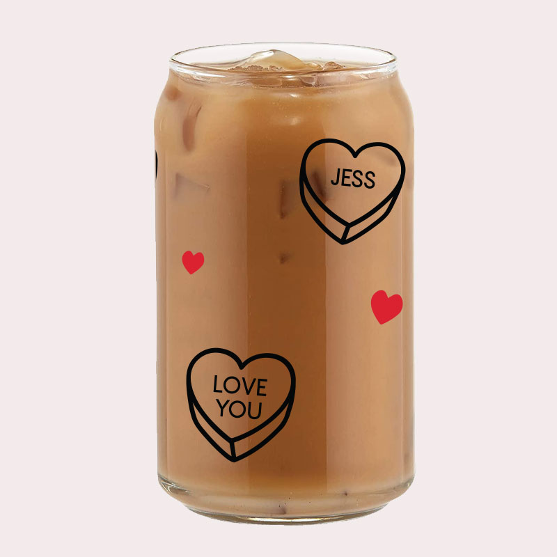 [Custom Name] Candy Hearts Coffee Can Glass Cold Beverage Glass