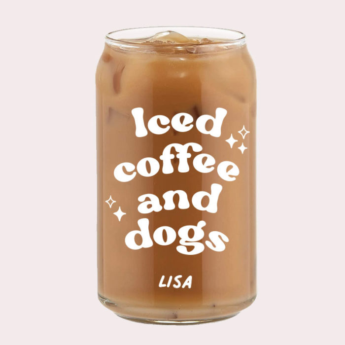 [Custom Name] Iced coffee and dogs Typography Coffee Can Glass Cold Beverage Glass