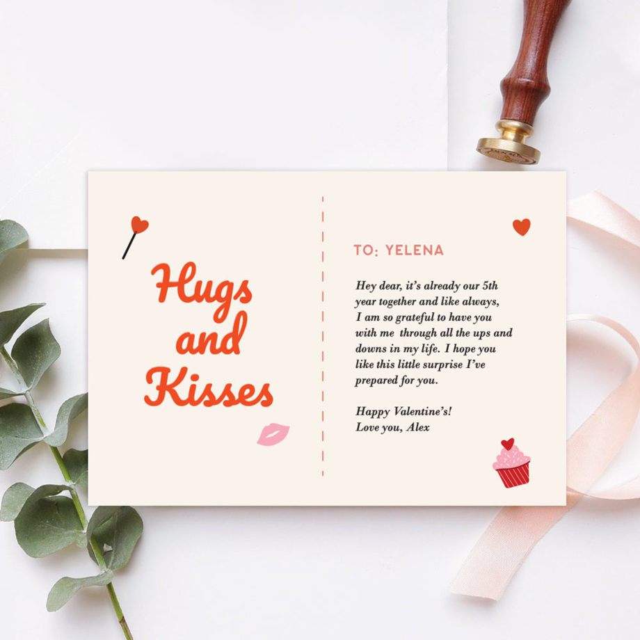 ' [Custom Message] Valentines Collection One-sided Gift card - Hugs and Kisses Design