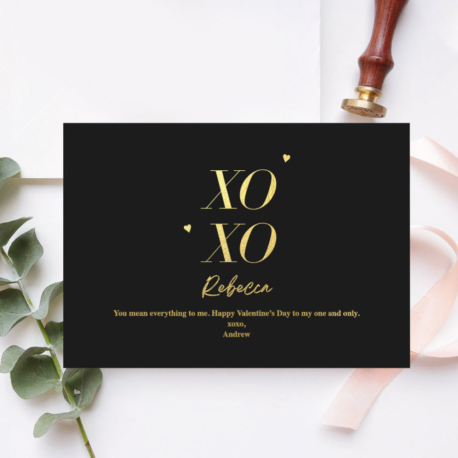 ' [Custom Message] Valentines Collection One-sided Gift card - XOXO gold foil black card design