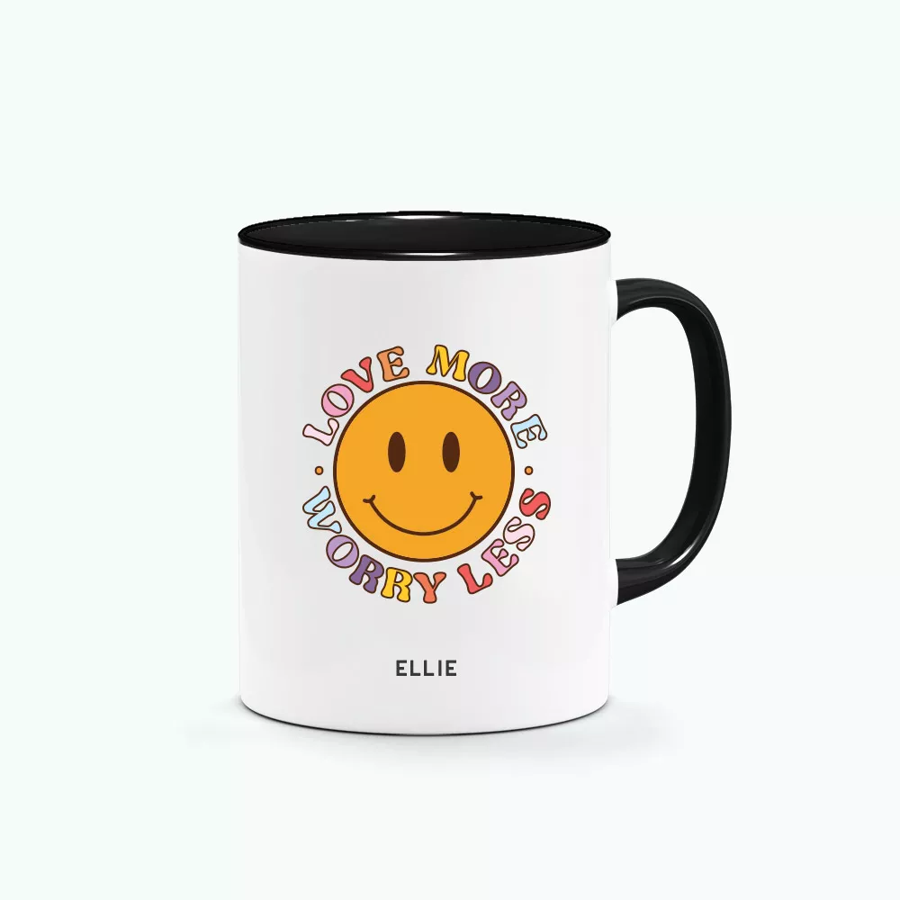 ' [Custom Name] LOVE MORE WORRY LESS Retro Typography Smiley Graphics Printed Mug