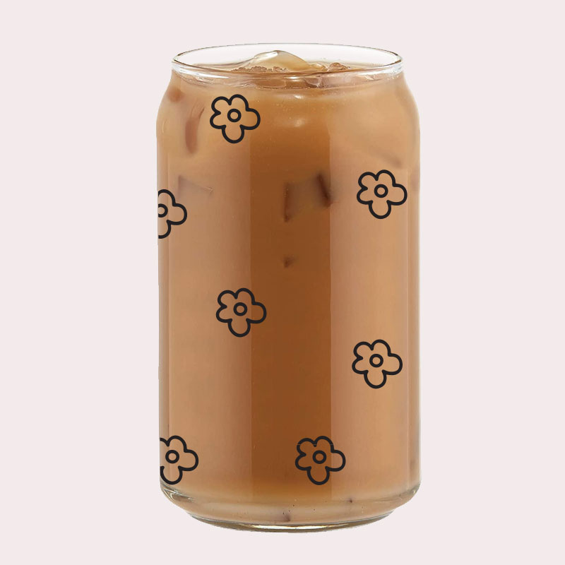 [Custom Name] Handdrawn Flowers Outline Coffee Can Glass Cold Beverage Glass