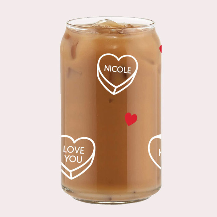 [Custom Name] Candy Hearts Coffee Can Glass Cold Beverage Glass