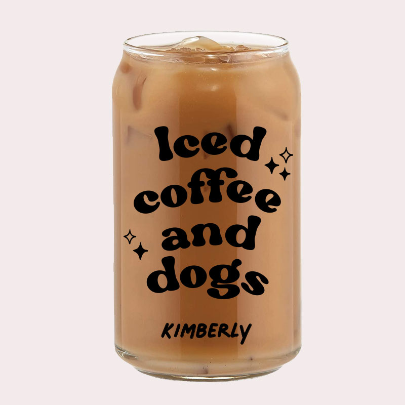 [Custom Name] Iced coffee and dogs Typography Coffee Can Glass Cold Beverage Glass
