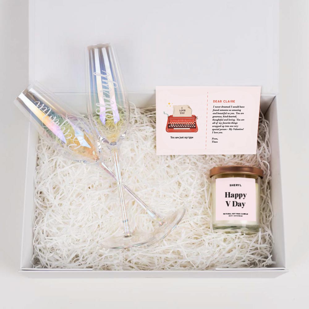 ' Vday Cozy Box Gift Box, Personalised Champagne Glasses, Soy Wax
