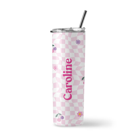 [Custom Name] Insulated Stainless Steel Tumbler - Groovy Pink & Purple Cherry Design