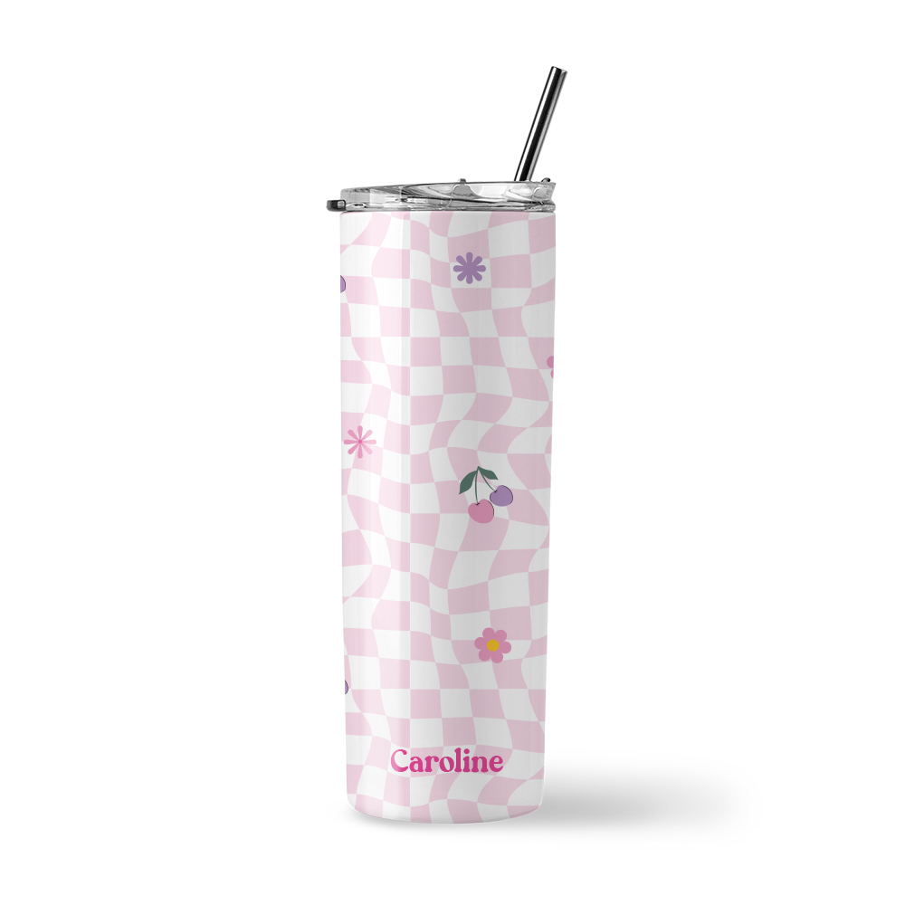 [Custom Name] Insulated Stainless Steel Tumbler - Groovy Pink & Purple Cherry Design