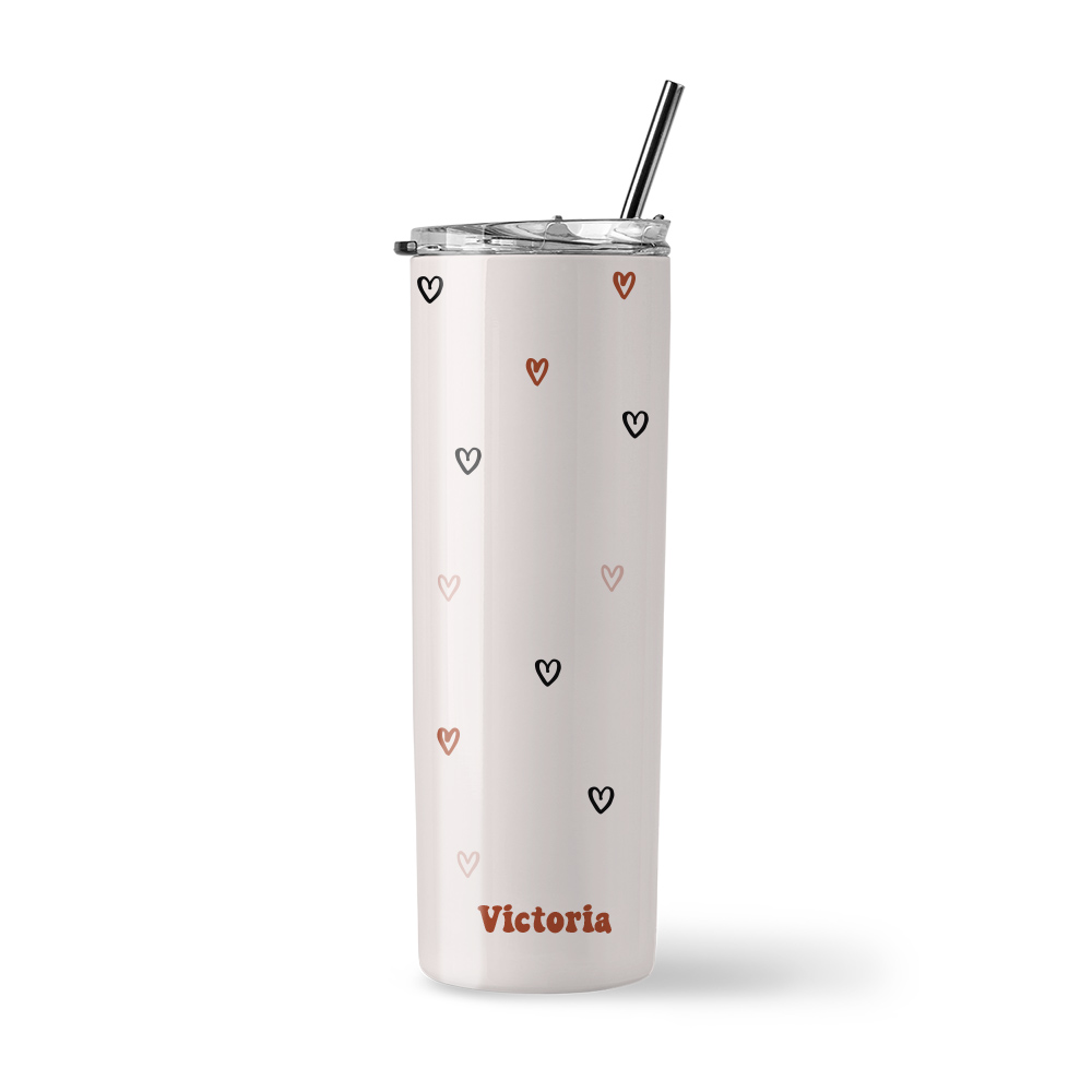 ' [Custom Name] Insulated Stainless Steel Tumbler - Neutral Colors Heart Icons Design