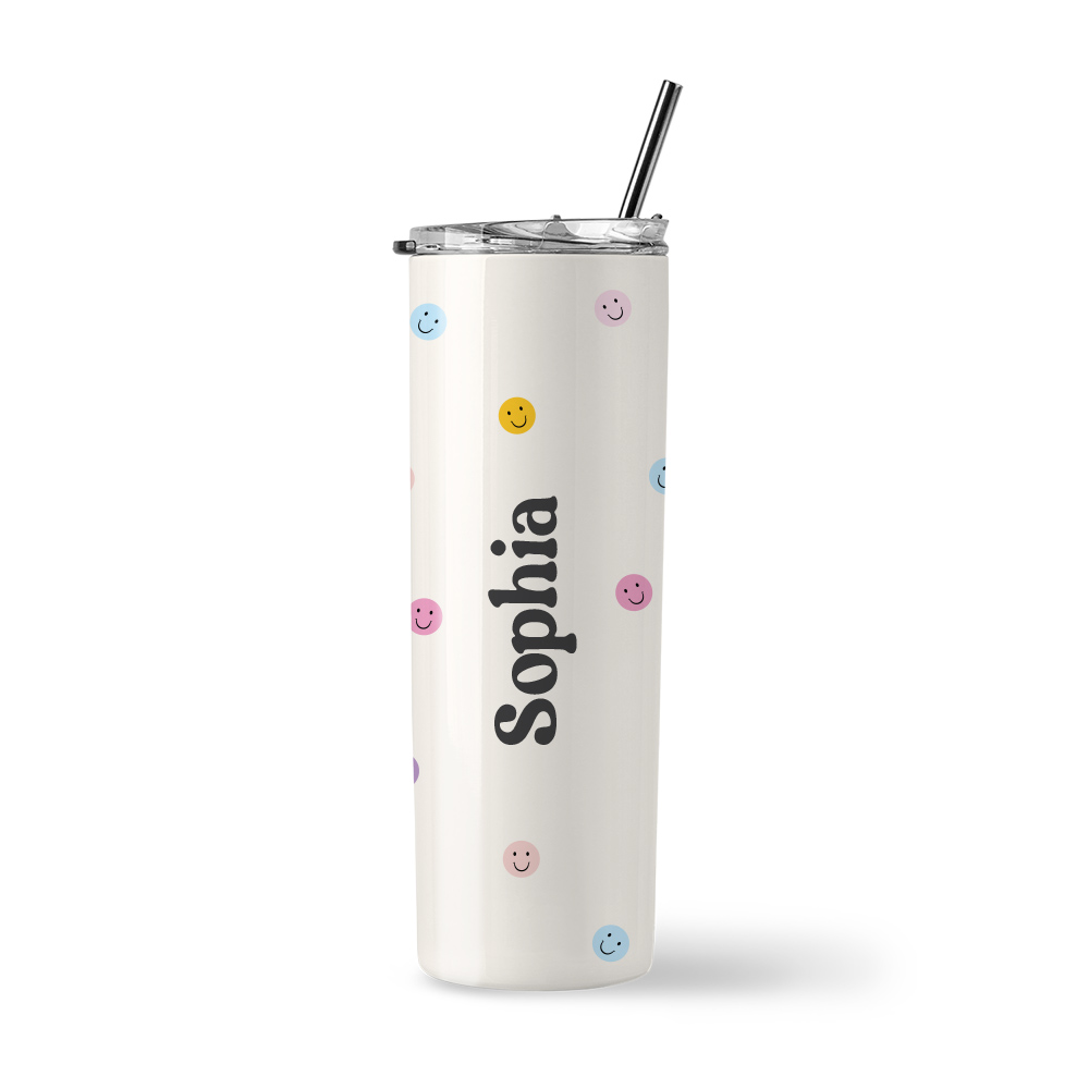 [Custom Name] Insulated Stainless Steel Tumbler - Colourful Smiley Faces Design