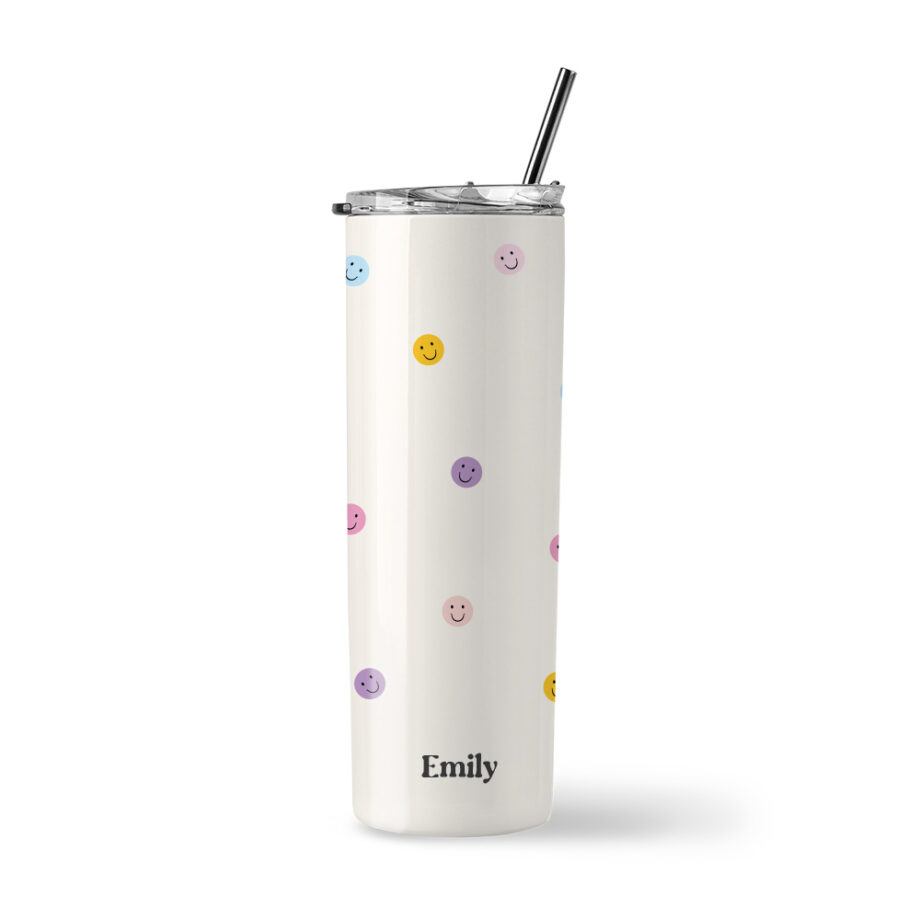 [Custom Name] Insulated Stainless Steel Tumbler - Colourful Smiley Faces Design