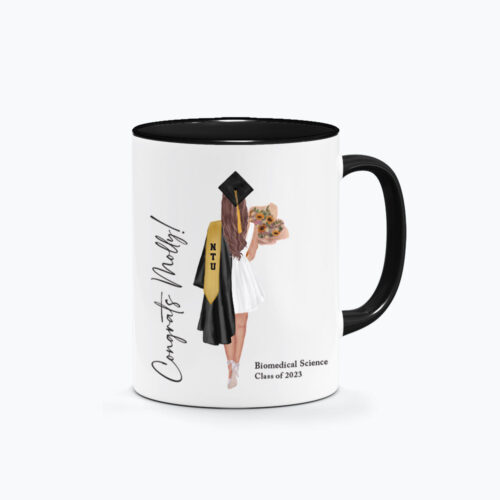 Personalised Graduation Printed Mug. Text reading "Congrats!" beside hand-drawn illustration with personalised hairstyles, and custom school name, course, major, and year