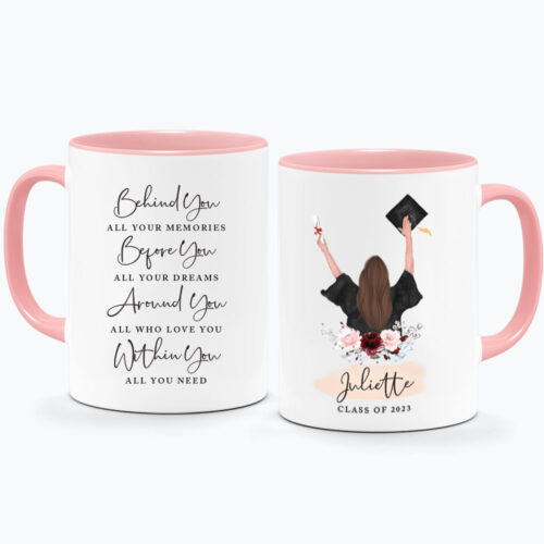 Personalised Graduation Printed Mug Typography "Behind You All Your Memories Before You All Your Dreams Around You All Who Love You Within You All You Need" Watercolour Illustration Floral Design Custom Name Year