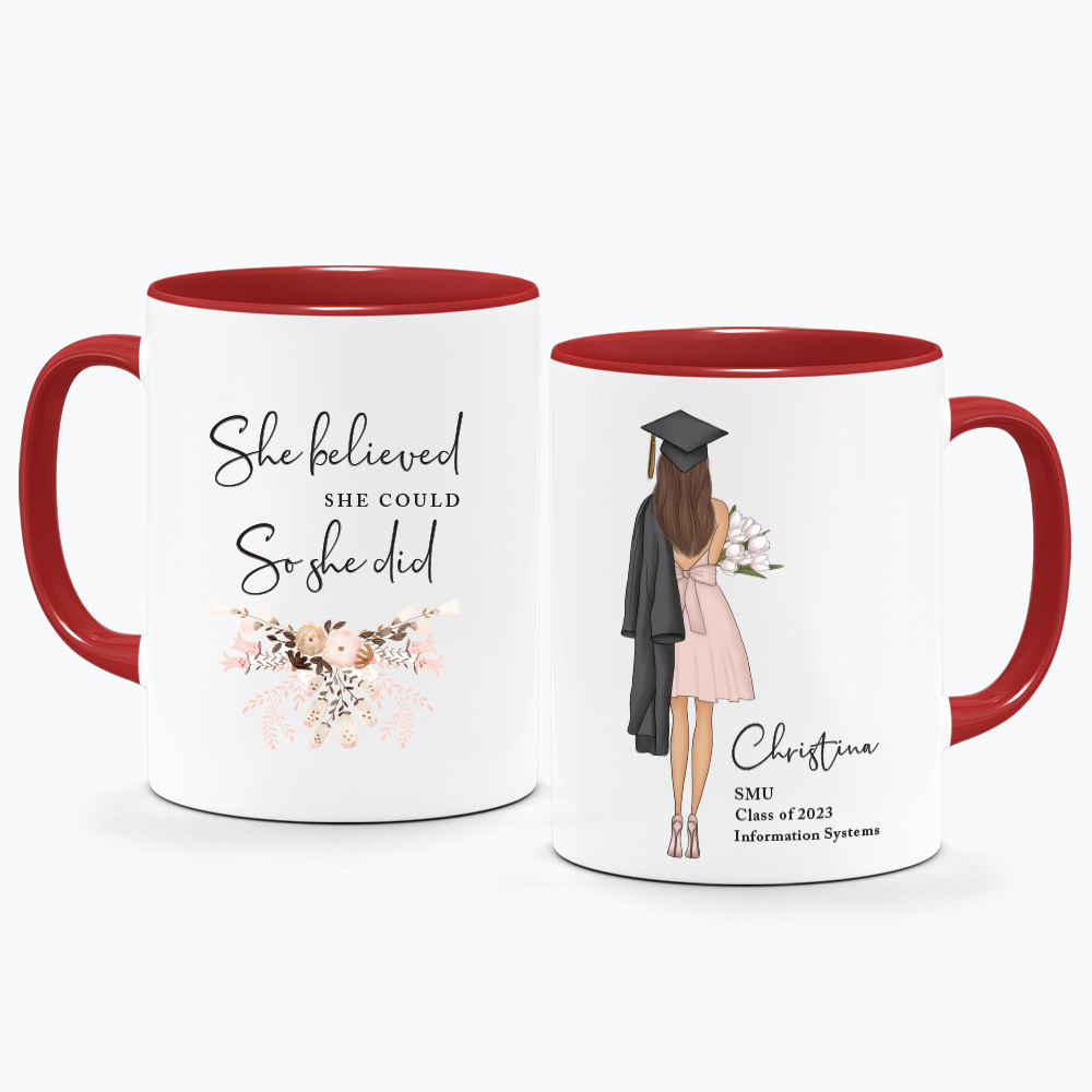 CUSTOM NAME and Style Graduation Printed Mug - Female Graduate in Pink  dress Graduation Gown with Quote Design