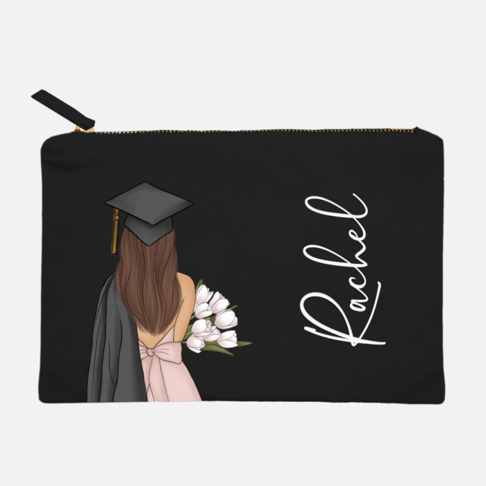 Canvas Pouch Makeup Bag Female Graduate Back View Illustration Personalised Hairstyle Custom Name School Major Course Year Design Graduation Gift