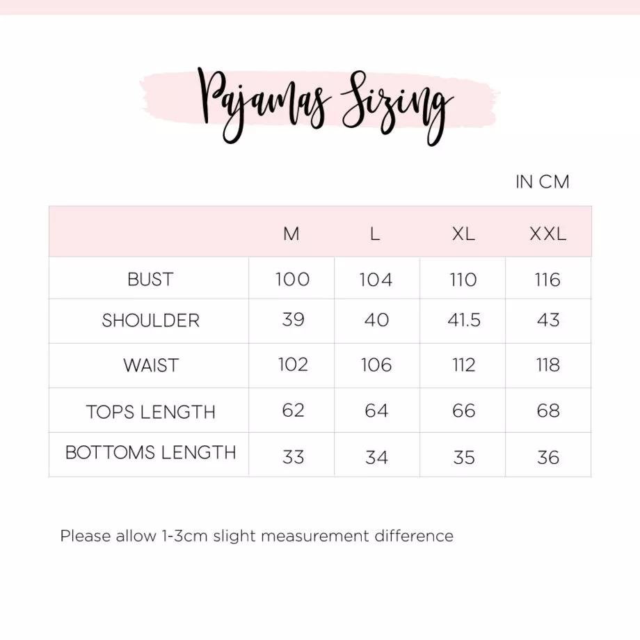 Custom or Plain Satin Bridal Short Pyjamas 2pcs Set Size Chart