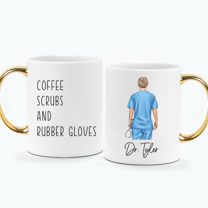 Personalised Printed Mug Graduation "Coffee Scrubs and Rubber Gloves" Man Male Nurse Doctor Watercolour Illustration