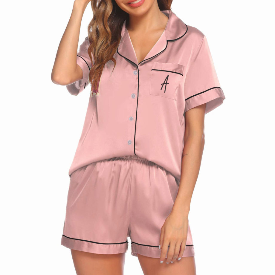 Custom or Plain Satin Bridal Short Pyjamas 2pcs Set - Pink