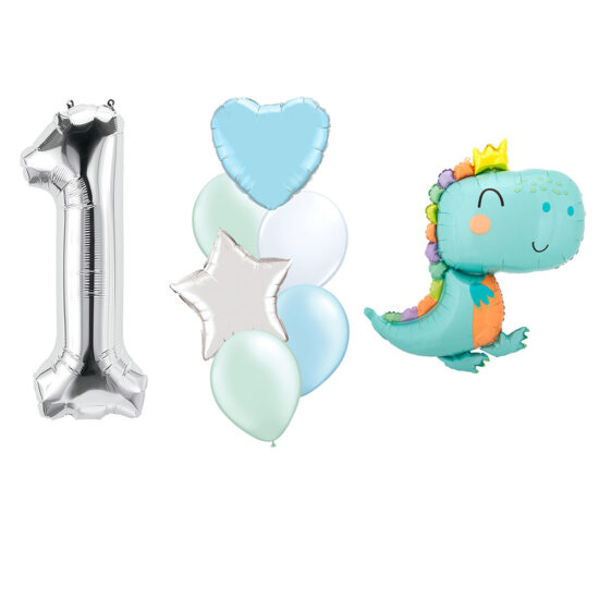 Dinosaur-themed Happy Birthday Foil Chrome Pearl Balloon Bouquet Babysaurus Star Heart Silver Number