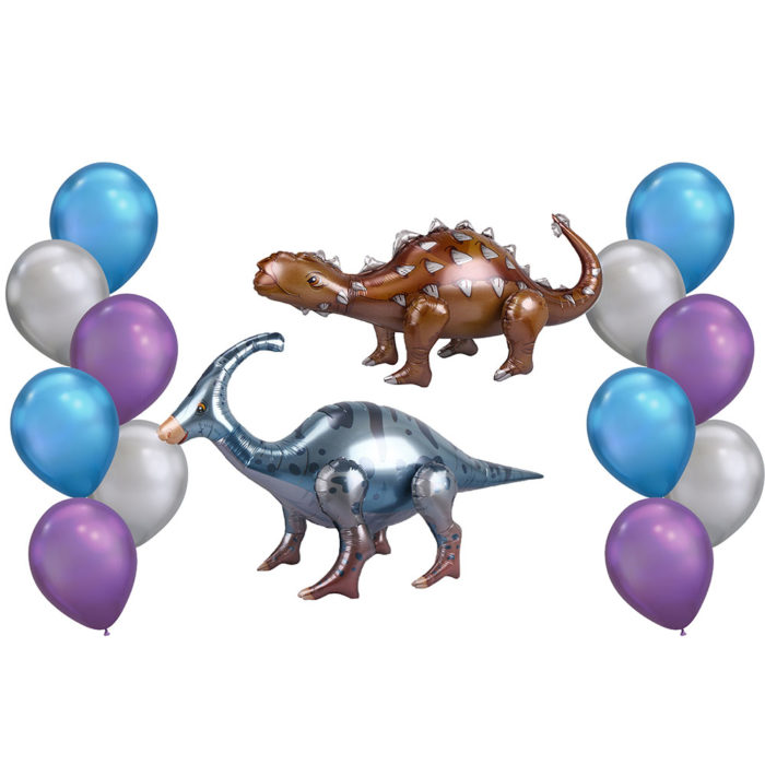 Dinosaur-themed Happy Birthday Foil Chrome Balloon Bouquet Ankylosaurus Parasaurolophus Paractenosaurus