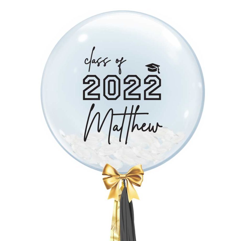Custom Class and Name Graduation Bubble Balloon with White Feathers Filled