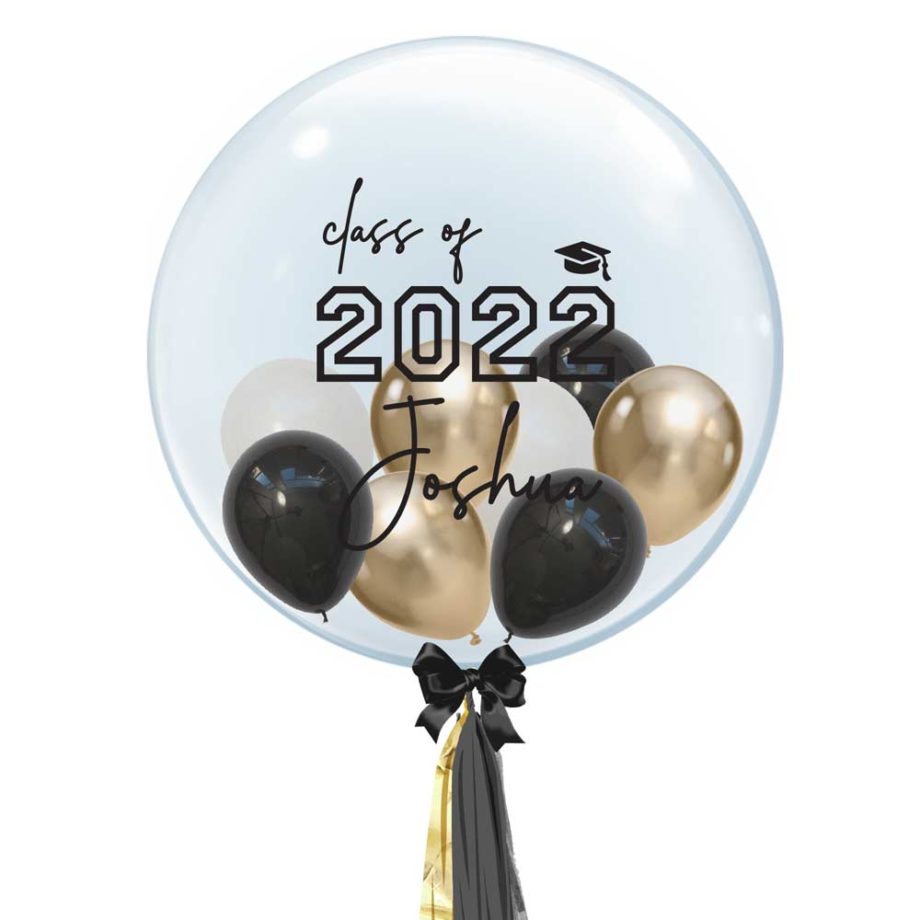 Custom Class and Name Graduation Bubble Balloon with Black, White and Chrome Gold Mini Balloons