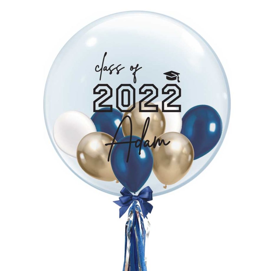 Custom Class and Name Graduation Bubble Balloon with Pearl White, Chrome Gold and Pearl Midnight Blue Mini Balloons