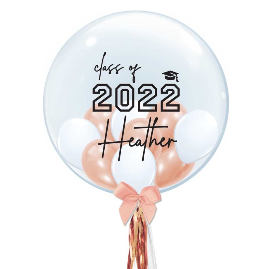 Custom Class and Name Graduation Bubble Balloon with Pearl White and Pearl Rose Gold Mini Balloons