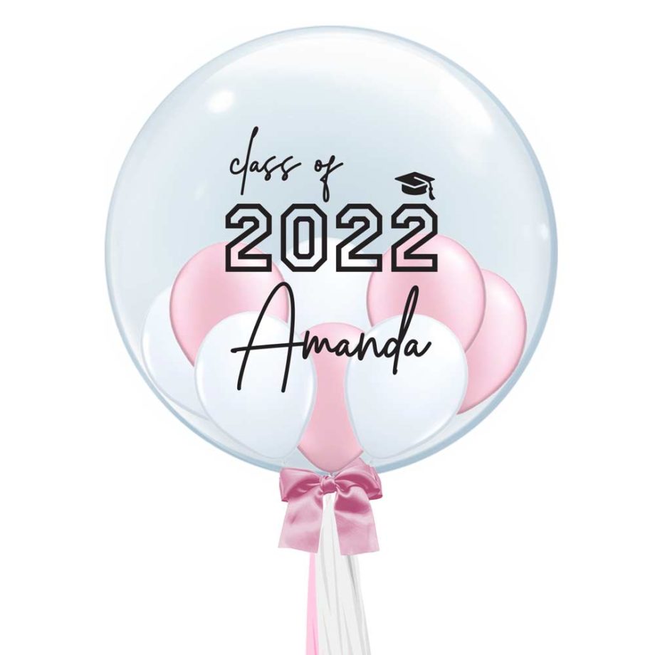 Custom Class and Name Graduation Bubble Balloon with Pearl White and Pearl Pink Mini Balloons