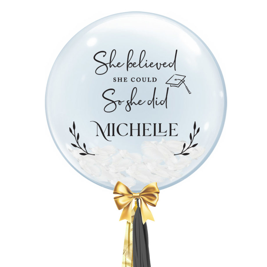 Personalised Bubble Balloon Graduation Gift Customisation Title Name Congratulations Botanical Wreath Leaves Foliage She Believed She Could So She Did
