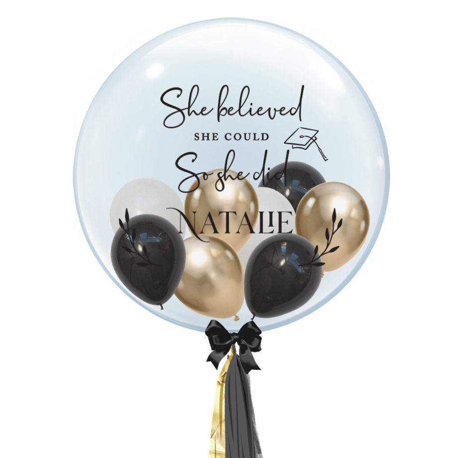 Personalised Bubble Balloon Graduation Gift Customisation Title Name Congratulations Botanical Wreath Leaves Foliage She Believed She Could So She Did