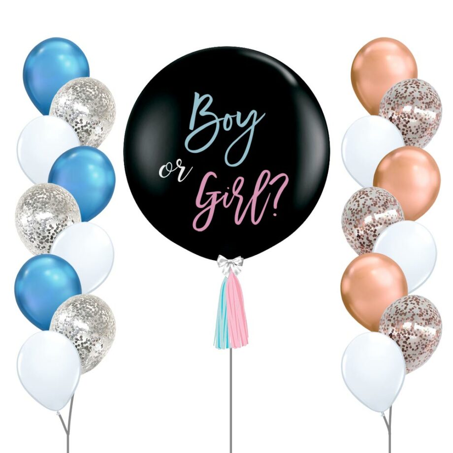 36inch Giant Helium-Inflated Gender Reveal Balloon stuffed with Confetti & Mini Balloons, with two Cascading Balloon Bouquets of Chrome Blue/Rose Gold, Metallic Silver Confetti and Pearl White colors