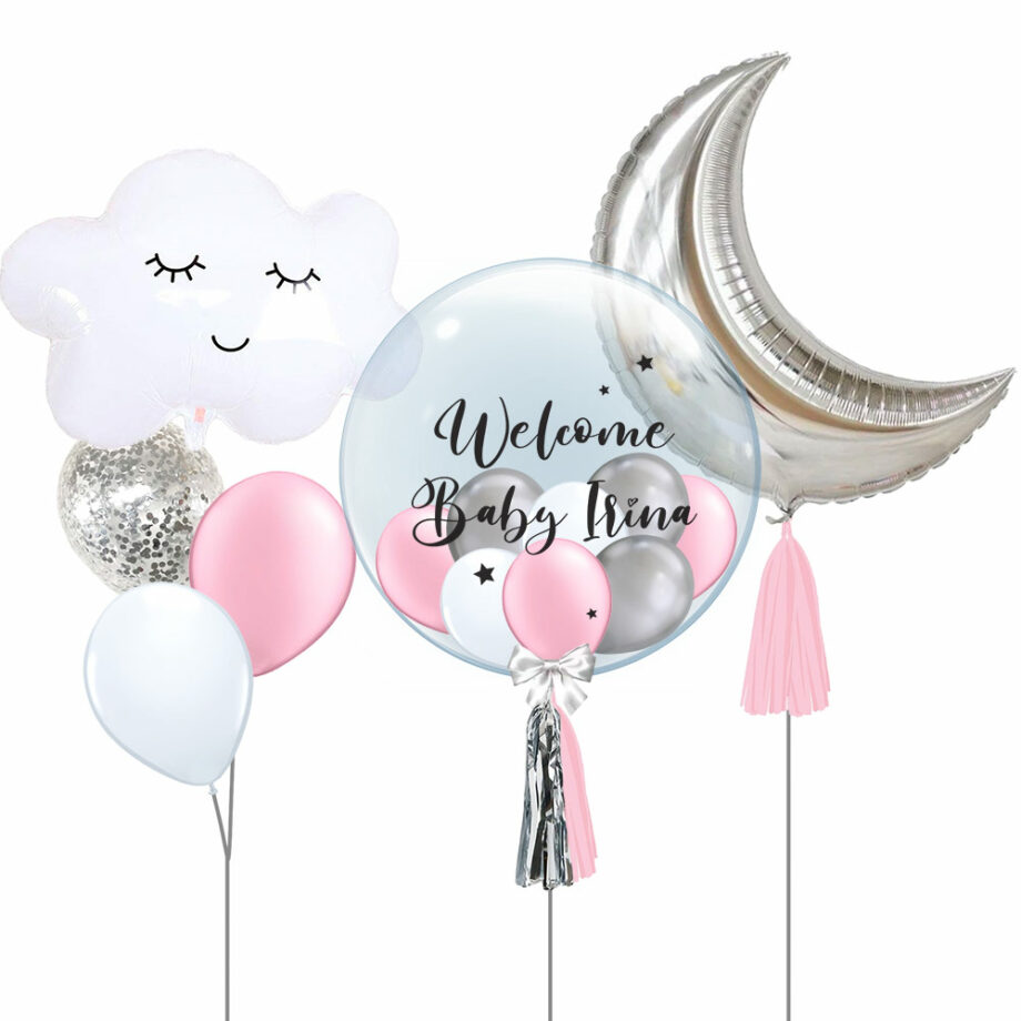 Newborn Themed Balloon Bouquet Stuffed Customised Designer Bubble Balloon Pink Fashion Helium Latex Bouquet Sleepy Cloud Crescent Moon Foil