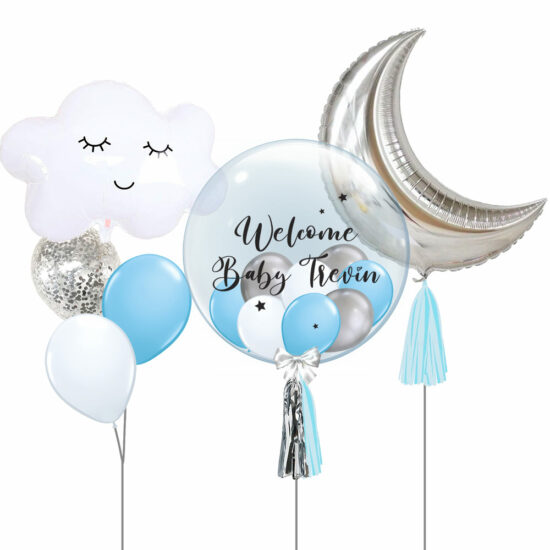 Newborn Themed Balloon Bouquet Stuffed Customised Designer Bubble Balloon Blue Fashion Helium Latex Bouquet Sleepy Cloud Crescent Moon Foil